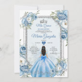 Mis Quince Blue Floral Silver Crown Quinceañera Einladung (Vorderseite)
