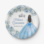 Mis Quince Blue Floral Silver Crown Quinceañera Pappteller (Vorderseite)