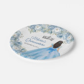 Mis Quince Blue Floral Silver Crown Quinceañera Pappteller (Schrägansicht)