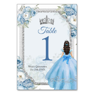 Mis Quince Blue Floral Silver Crown Quinceañera Tischnummer