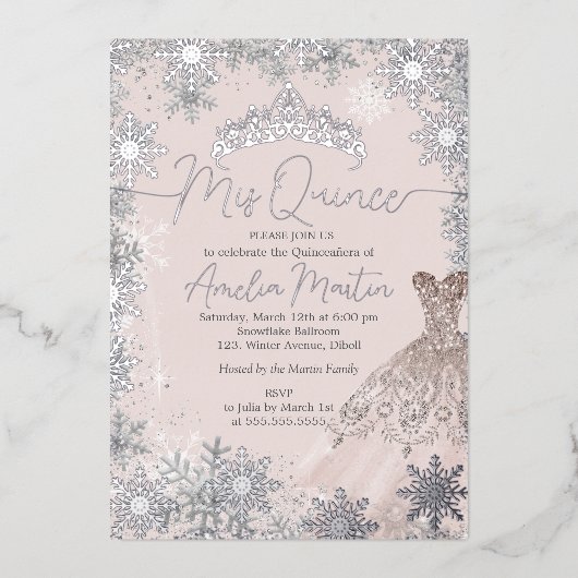 Mis Quince Blush Winter Snowflake Quinceanera Folieneinladung (Vorderseite)