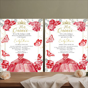 Mis Quince Budget Einladung Bilingual Red Floral
