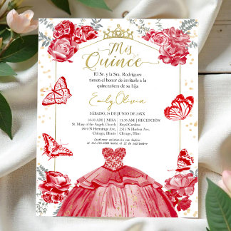Mis quince Budget Einladung Spanisch Red Floral