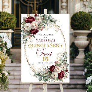 Mis Quince Burgund Floral Gold Quinceanera Willkom Poster