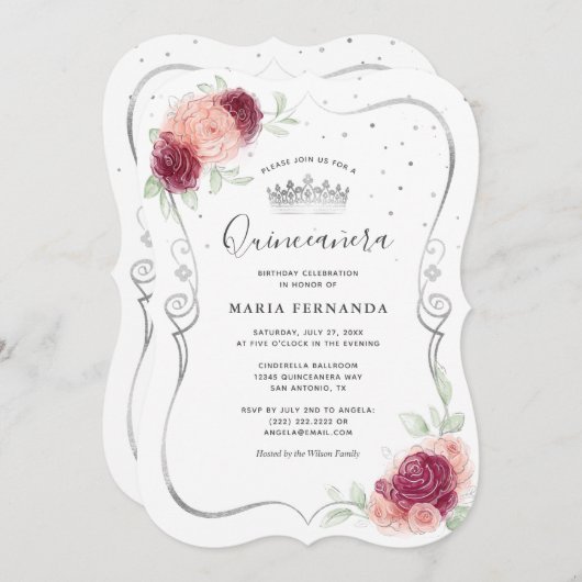 Mis Quince Burgundy Blush und Silver Quinceanera Einladung (Vorne/Hinten)