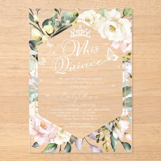 Mis Quince | Butterfly Boho Floral Quinceañera Acryleinladungen (Vorderseite)