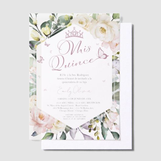 Mis Quince | Butterfly Floral Quinceañera Spanisch Pergament Einladungen (Versetzt)