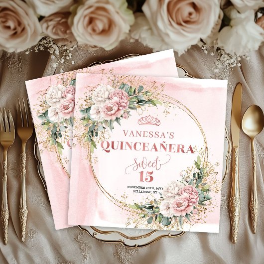 Mis Quince Celebration Napkins Blush Pink Floral Serviette