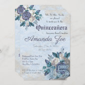 Mis Quince Dusty Blue Floral Einladung (Vorne/Hinten)