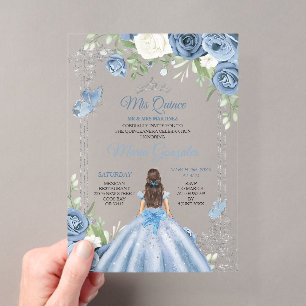 Mis Quince Dusty Blue & Silber Blumen Quinceañera Acryleinladungen