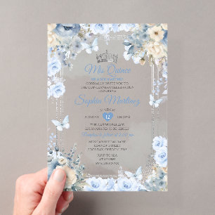 Mis Quince Dusty Blue & Silber Blumen Quinceañera Acryleinladungen