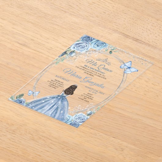 Mis Quince Dusty Blue & Silver Floral Quinceañera Acryleinladungen (Ablage )