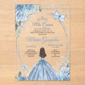 Mis Quince Dusty Blue & Silver Floral Quinceañera Acryleinladungen (Vorderseite)