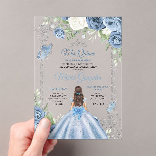 Mis Quince Dusty Blue & Silver Floral Quinceañera Acryleinladungen