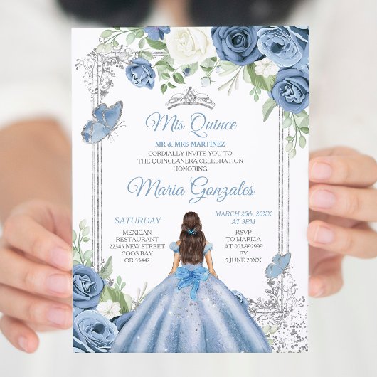 Mis Quince Dusty Blue & Silver Floral Quinceañera Einladung