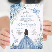 Mis Quince Dusty Blue & Silver Floral Quinceañera Einladung