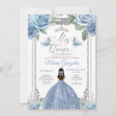 Mis Quince Dusty Blue & Silver Floral Quinceañera Einladung (Vorderseite)
