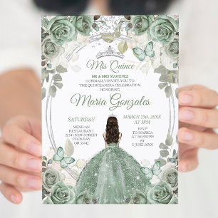 Mis Quince Dusty Green & Silver Floral Quinceañera Einladung