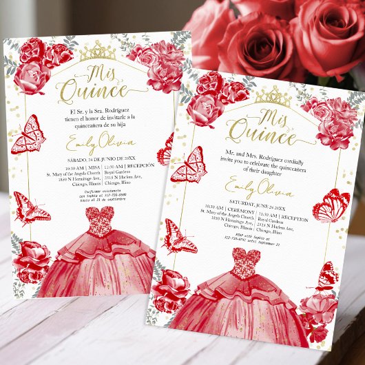 Mis Quince Einladung Bilingual Red Dress Floral