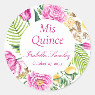 Mis Quince Florale Pink Pfingstrosen Zitronen Quin Runder Aufkleber