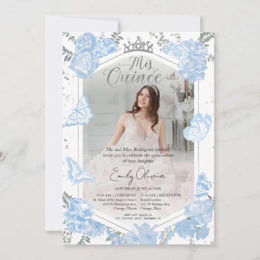 Mis Quince Foto Einladung Bilingual Dusty Blue (Vorderseite)
