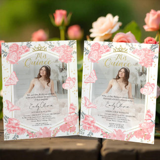 Mis Quince Foto Einladung Bilingual Pink