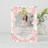 Mis Quince Foto Einladung Bilingual Pink Floral (Stehend Vorderseite)