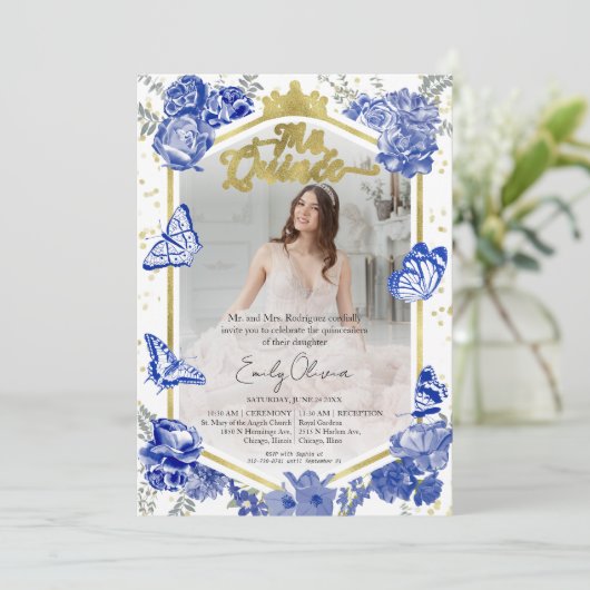 Mis Quince Foto Einladung Bilingual Royal Blue (Stehend Vorderseite)