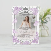 Mis Quince Foto Einladung bilingualer Lavendel (Stehend Vorderseite)