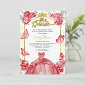 Mis Quince Foto Einladung Red Floral Gold Foil (Stehend Vorderseite)