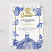 Mis Quince Foto Einladung Royal Blue Floral Gold (Vorderseite)