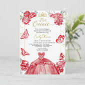 Mis Quince Foto Einladung Spanisch Rote Flora (Stehend Vorderseite)