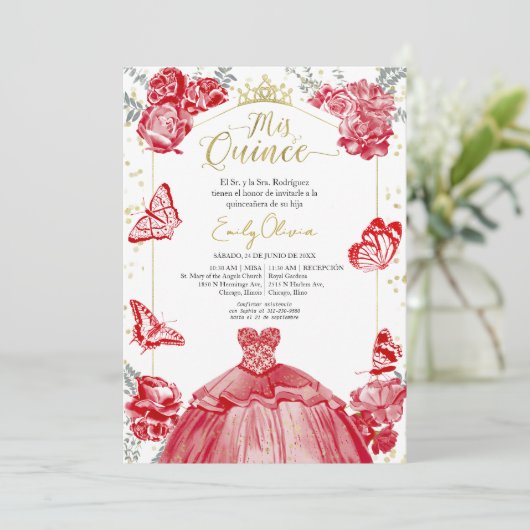 Mis Quince Foto Einladung Spanisch Rote Flora (Stehend Vorderseite)