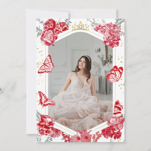 Mis Quince Foto Einladung Spanisch Rote Flora (Rückseite)