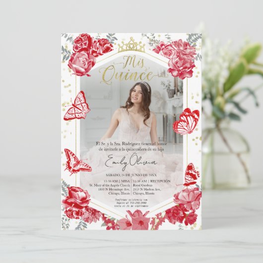 Mis Quince Foto Einladung Spanisch Rote Flora (Stehend Vorderseite)