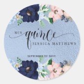 Mis Quince, Quinceañera con Flores Azul y Rosa Runder Aufkleber (Vorderseite)