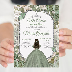 Mis Quince Sage Green & Silver Floral Quinceañera Einladung