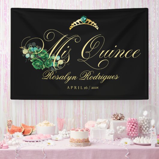 Mis Quince, schwarz, grün Willkommen Banner (Party)