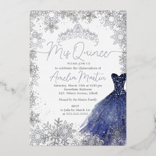 Mis Quince Snowflake Navy Quinceanera Folieneinladung (Vorderseite)
