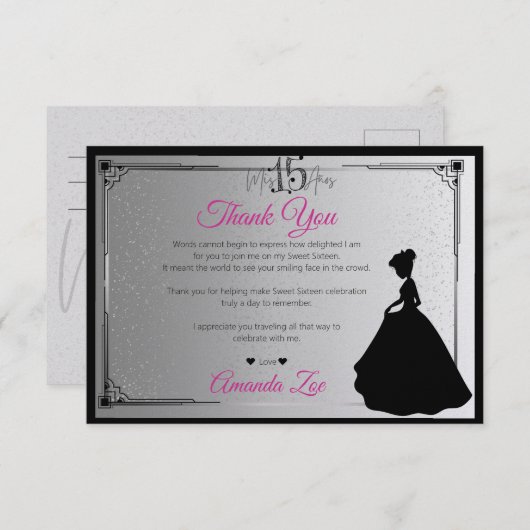 Mis Quince Vielen Dank, dass Sie Schwarz und Weiß  Dankeskarte (Vorne/Hinten)