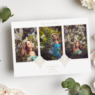 Mis XV Años Español 3 Fotos Efecto Encaje Dorado Einladung