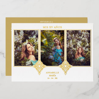 Mis XV Años Español 3 Fotos Efecto Encaje Dorado Folieneinladung