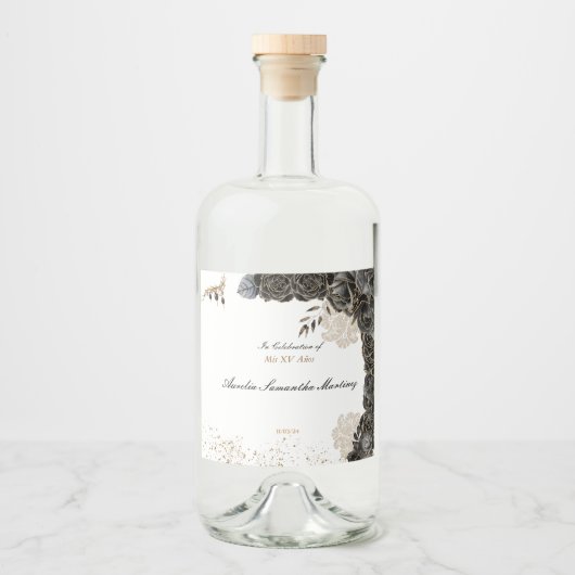 Mis XV Años Liquor Label Black and Gold Alkoholflaschenetikett (Vorderseite)