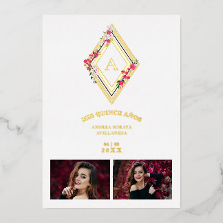 Mis XV Initial 2 Photos Gold Effect Floral Diamond Folieneinladung