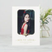 Mis XV Lace Blüh Golden Effect Foto Spanisch Einladung (Stehend Vorderseite)