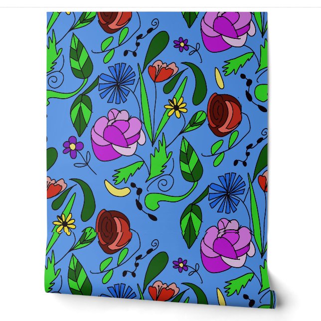 Mischflorale auf blauem Hintergrund Tapete (Abrollen)