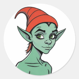 Mischievous Green Elf / Goblin Cartoon Character Runder Aufkleber