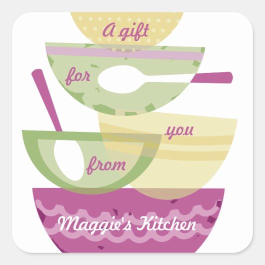 Mischschüsseln gestapelte orchid-Kochen Bäckerei Quadratischer Aufkleber (Vorderseite)