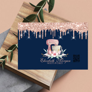 Mischung Blumen Rose Gold Tropfen QR Code Navy Bla Visitenkarte