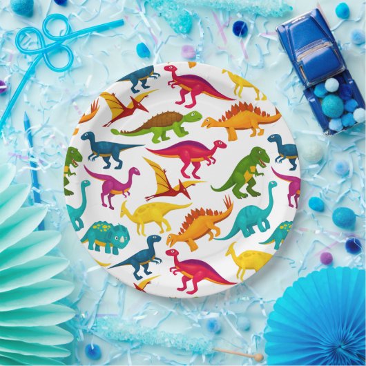 Mischung von farbenfrohen Dinosauriern in schwarze Pappteller (Party)